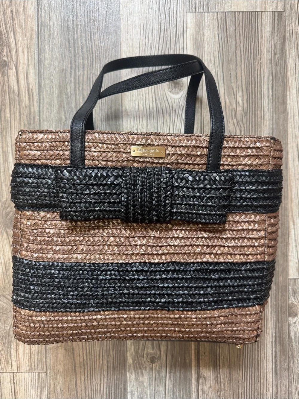Kate Spade Straw Tote Bow Handbag Brown Black Woven Medium Shoulder Bag